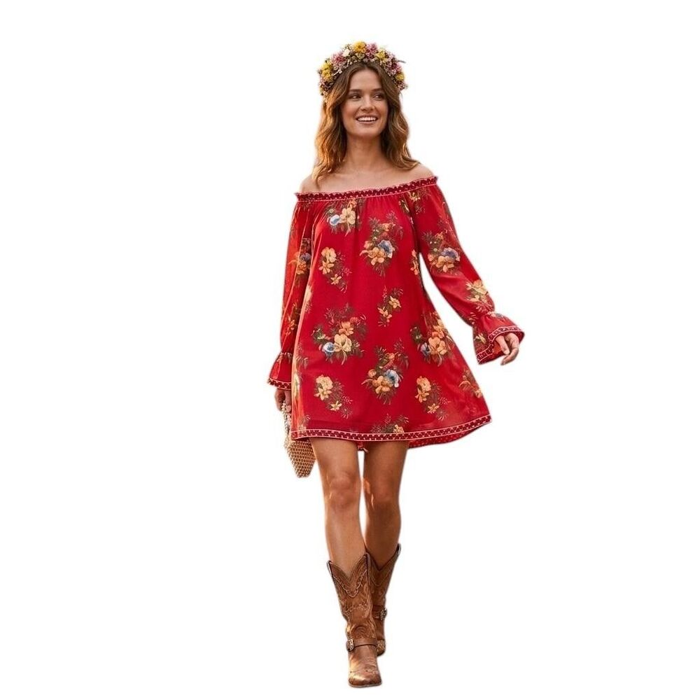 Flying Tomato Boho Dress Women's Lg Red Off Shoulder Floral Mini Festival Flowy